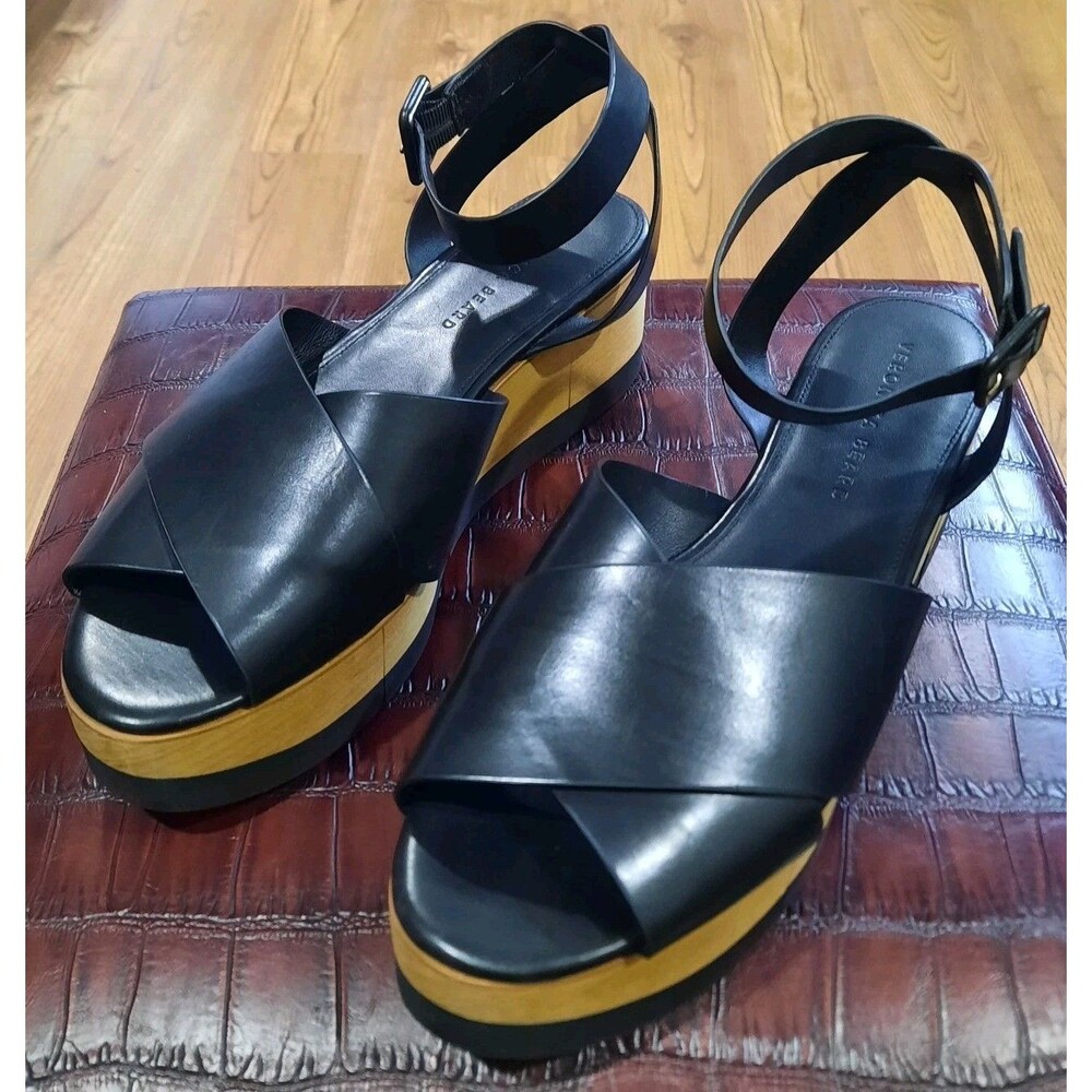 Veronica Beard Wynie Black Leather Cross Strap Wooden Platform Slingback 10.5